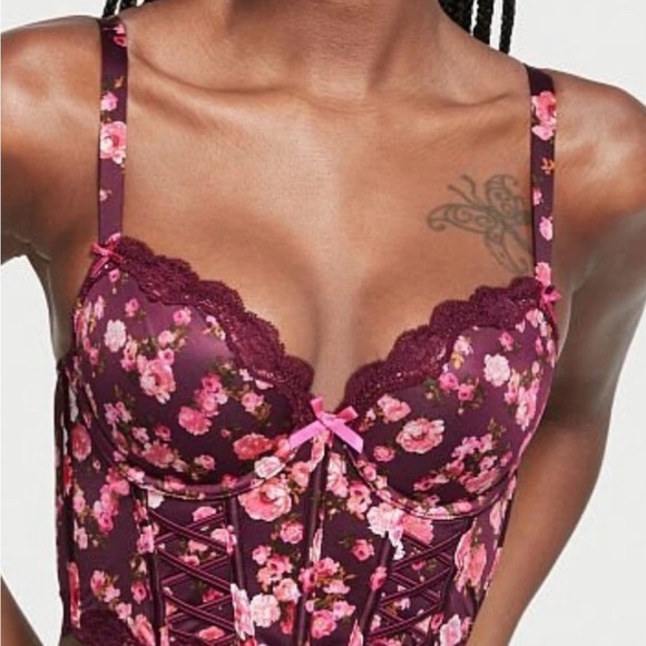 NWT Victoria’s Secret Dream Angels Burgundy Floral Lace Up Corset Bra Top Sz 32C - Picture 3 of 11